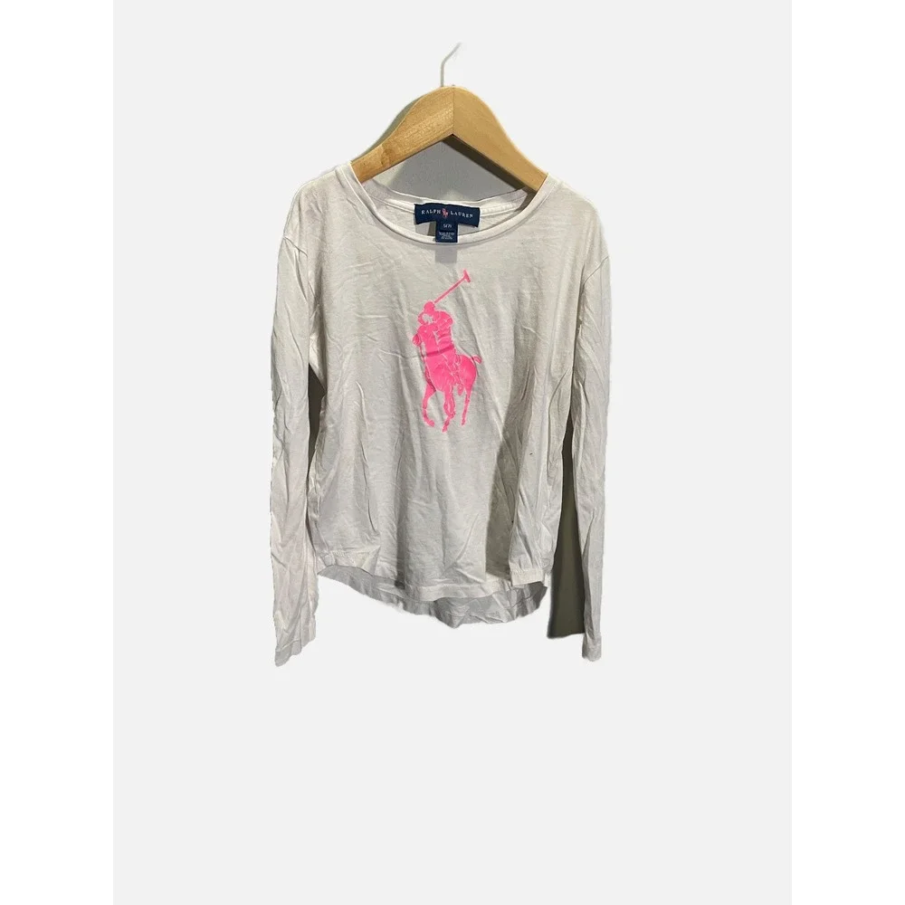 Ralph Lauren Big Pony T-Shirt Girls S(7) White Neon Pink Long Sleeve Casual Prep